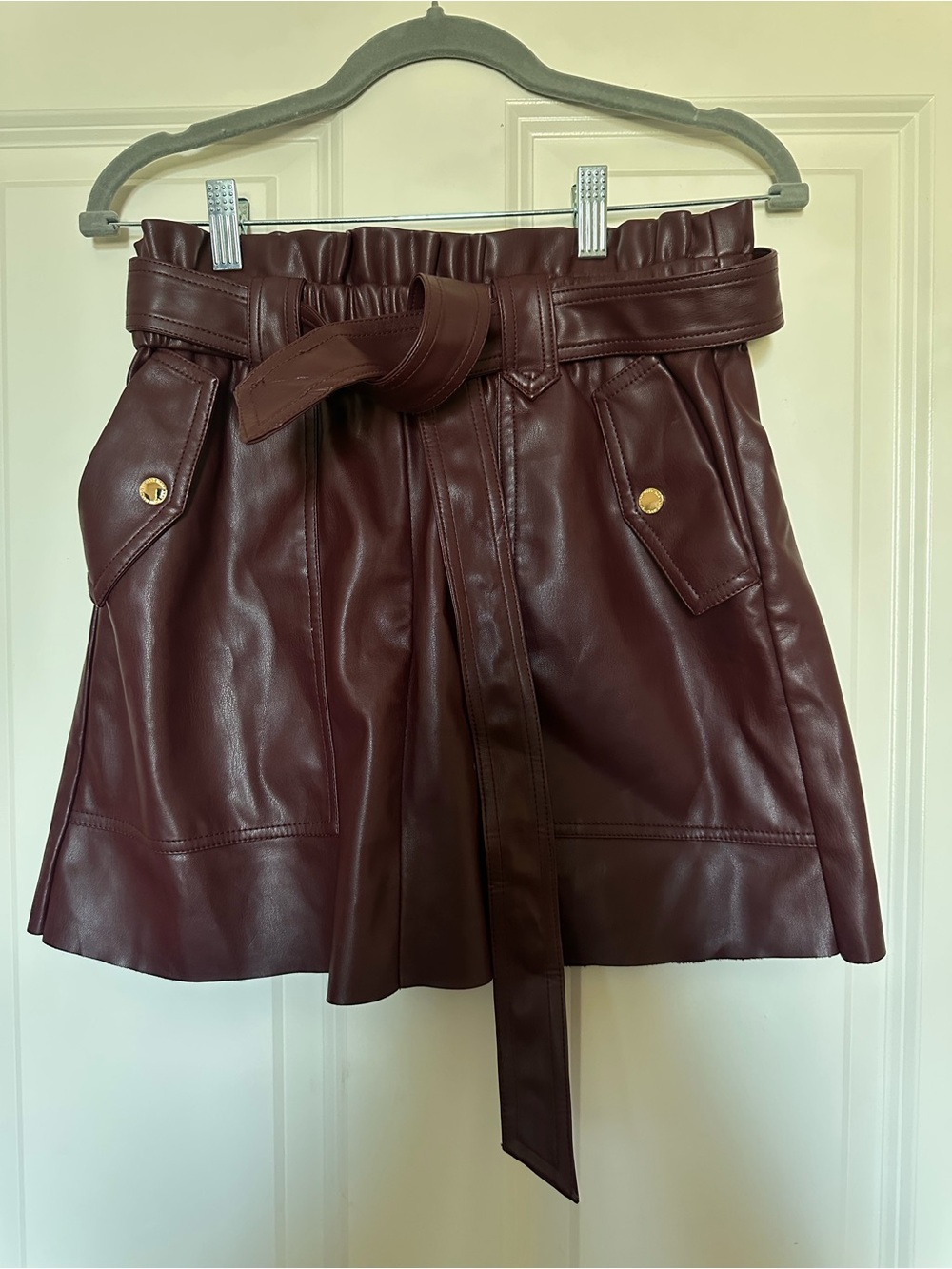 Marc by Marc Jacob’s High-Waist Faux Leather Paperbag Skirt with Belt - Burgundy